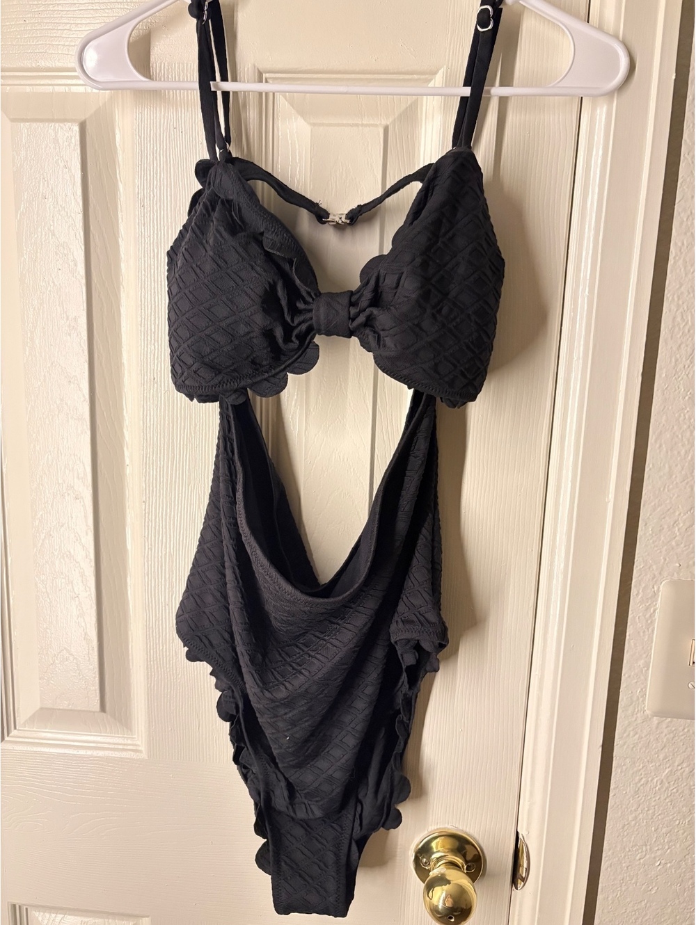 Brand New Black Textured One-Piece Swimsuit with Scalloped Edges - Size XL